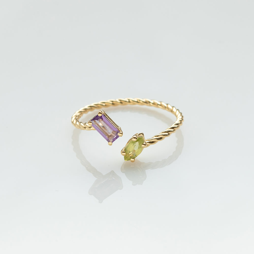 Fizzy rope amethyst & peridot ring 14K yellow gold